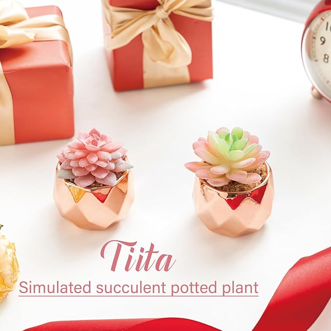 Tiita 4 Pack Artificial Faux Succulents in Pots, Mini Rose Gold Fake Plants for Women Desk, Small Realistic Faux Succulents for Home Office Accessories Window Sill Bathroom Bedroom, Rose Gold - Bloomnest