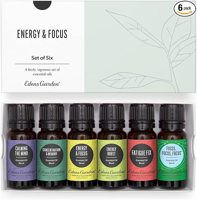 Edens Garden Energy & Focus Essential Oils 6 Set – 100% Pure Therapeutic Grade, Undiluted Blends For Clarity, Motivation & Mental Boost – No Fragrance Oil, Perfect For Diffuser & Office, 10 ml/ 6 Pack - Bloomnest
