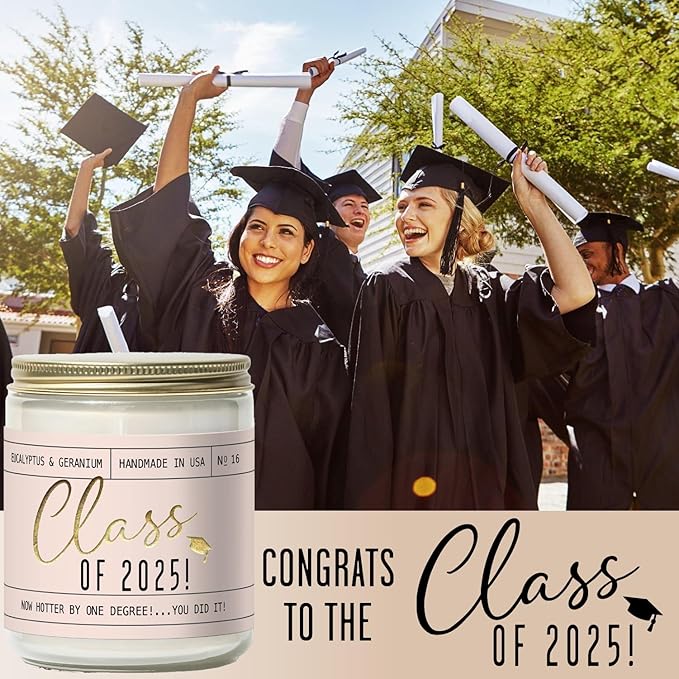 Graduation Gifts for Her "Class of 2025" Soy Candle, w/Eucalypus & Geranium I College Graduation Gifts for Her I 2025 Graduation Gifts I 9oz Reusable Jar, 50Hr Burn, Made in USA - Bloomnest