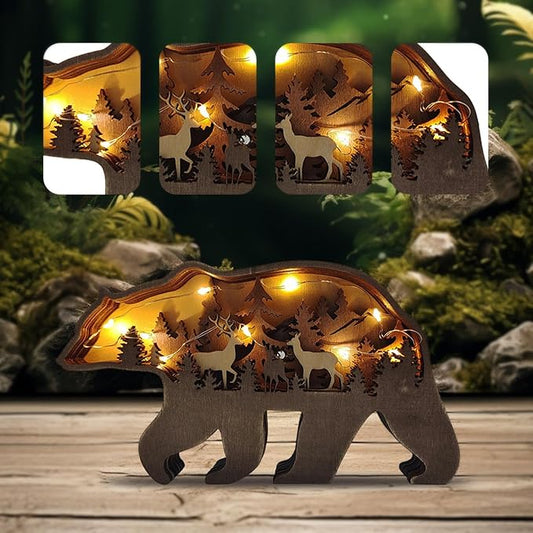 3D Wood Carving Animals Lamp Home Decorative, Cute Bear Family Elephant Presents Ideas Christmas Living Room Office Decor Warm LED Night Lights Gift for Friend Daughter Son Mom Dad (Forest Bear) - Bloomnest