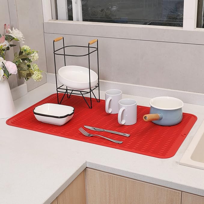 Silicone Dish Drying Mat for Multiple Usage,Easy clean,Eco-friendly,Heat-resistant Silicone Mat for Kitchen Counter or Sink,Refrigerator or Drawer Liner Red 4XL 32 inches x 18 inches - Bloomnest