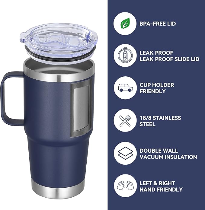 VEGOND 20 oz Tumbler with Handle Lid and Straw, Stainless Steel Insulated Travel Coffee Mug Spill Proof Double Wall Metal Tumbler Cup Keeps Drink Hot and Cold, Navy Blue 1 Pack - Bloomnest