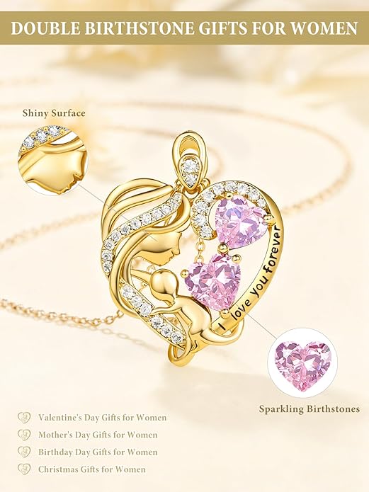 14K Gold Double Birthstone Heart Necklace for Women Mom, Mother Son/Daughter Pendant Necklace for Christmas Mother's Day Birthday Gifts for Wife Daughter Grandmom - Bloomnest
