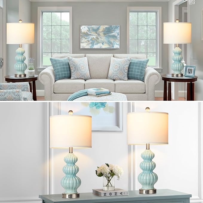 Ceramic Table Lamps Set of 2, Green Modern Bedside 26" Nightstand Lamp 3-Way Dimmable Lamp for Bedroom Living Room Contemporary, Side Table Lamp, Bulbs Included - Bloomnest