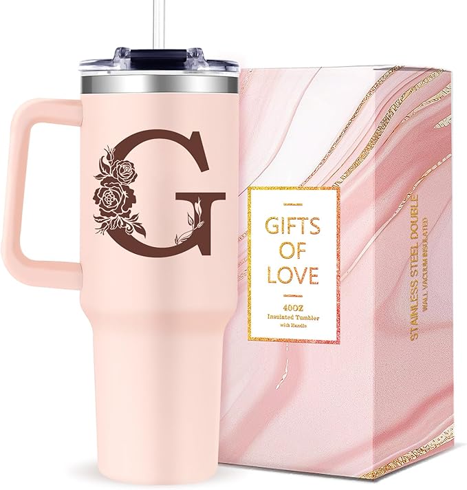 Monogrammed 40oz Tumbler with Handle for Women, Personalized Birthday Gifts for Women,Initial Cups for Woman Pink Letter G,Customized Gifts for Female Lady Gift for Mothers Day Christmas - Bloomnest