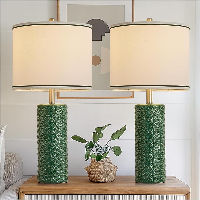 27" Farmhouse Bedside Table Lamp Set of 2, Green Modern Ceramic Lamps for Living Room, 3 Color Temperature Rustic Table Lamps for Bedroom, Night Stands, Dorm,Office, Home Décor (Bulb Included) - Bloomnest
