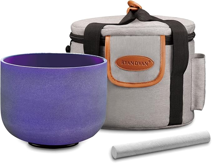 RYAN DVAN 8” B Note Purple Frosted Crown Chakra Crystal Singing Bowl with Free Heavy-Duty Carrying Case and Suede Striker O-Ring - Bloomnest