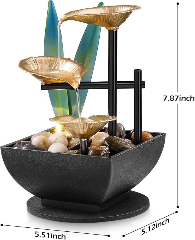 Tabletop Fountain Desktop Fountain 3-Tier Indoor Golden Lotus Leaf Relaxation Fountains Tabletop Waterfall, Office Home Decor Including Lots of Natural River Rocks and Warm Yellow Scene Light - Bloomnest