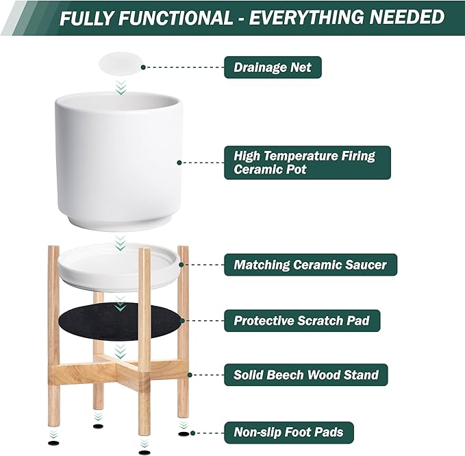 D'vine Dev Ceramic Planter with Natural Stand - 8 Inch Modern Round Flower Pot with Wood Planter Holder, White, 55-B-N-1 - Bloomnest