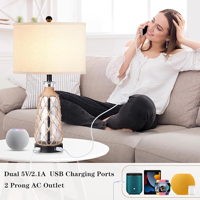 25.5" Coastal Glass Table Lamps Set of 2, 3-Way Dimmable Touch Control Bedside Lamps with 2 USB Ports and AC Outlet, Clear Nautical Nightstand Lamp for Bedroom Living Room (LED Bulbs Included) - Bloomnest