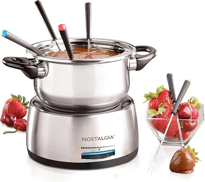 Nostalgia 6-Cup Electric Fondue Pot Set for Cheese & Chocolate - 6 Color-Coded Forks, Temperature Control - Stainless Steel Kitchen Gadgets and Appliances for Hors d'Oeuvres and More - Stainless Steel - Bloomnest