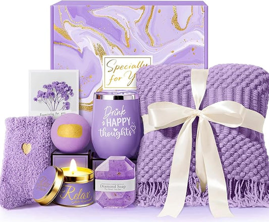 Valentines Day Gifts for Her, Self Care Get Well Gifts, Lavender Relaxing Spa Gift Basket Care Package w/Blanket, Birthday Mothers Day Gifts for Women Mom Wife Girlfriend Sister Aunt Daughter Friends