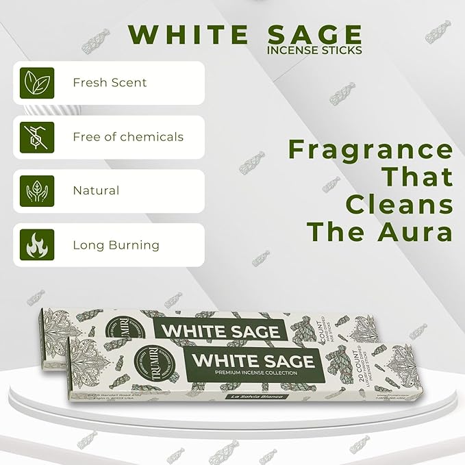 White Sage Incense Sticks for Cleansing - Total 40 Insence-Sticks - Dual Pack of 20 Insense - Inciensos - Inscents - Natural Non Toxic Ingredients - Incents - Incence - Inscense - Insents TRUMIRI