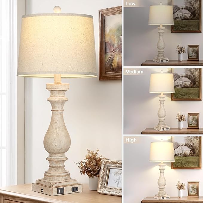 27.5" Farmhouse Table Lamp for Living Room Set of 2,Vintage Bedside Lamps with USB C+A Ports & AC Outlet,3-Way Dimmable Touch Control White Washed Finish Nightstand Lamp for Bedroom,Beige - Bloomnest
