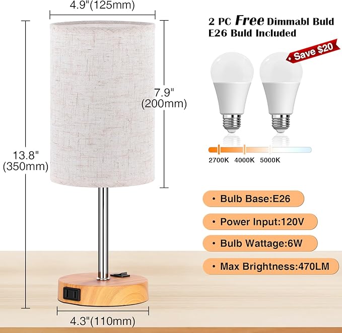 ZJOJO Table Lamp for Bedroom Set of 2, Bedside Small Lamps with 3 Way Dimmable Rocker Switch & AC Outlet, Nightstand Desk Lamp with Flaxen Fabric Shade Woodgrain Base for Living Room Home Decor Lights - Bloomnest