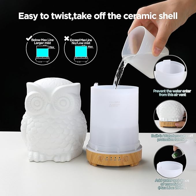 Owl Ceramic Aromatherapy Diffuser INRORANS 160ml Stone ultrasonic Cool Mist Scent Essential Oil Diffuser Humidifier with Intermittent Mist & LED 7 Colors Changing Night Light for Bedroom Office Home - Bloomnest