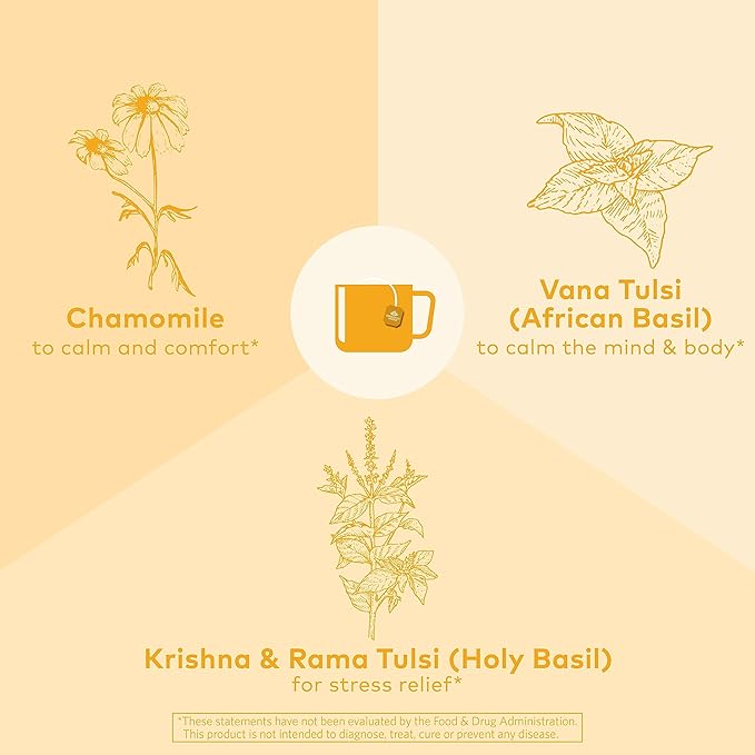 Organic India Tulsi Honey Chamomile Tea Bags - Herbal Tea for Stress Relieving & Calming, Immune Support, Adaptogen, Gluten-Free, USDA Certified Organic, Caffeine-Free - 18 Infusion Bags, 6 Pack - Bloomnest