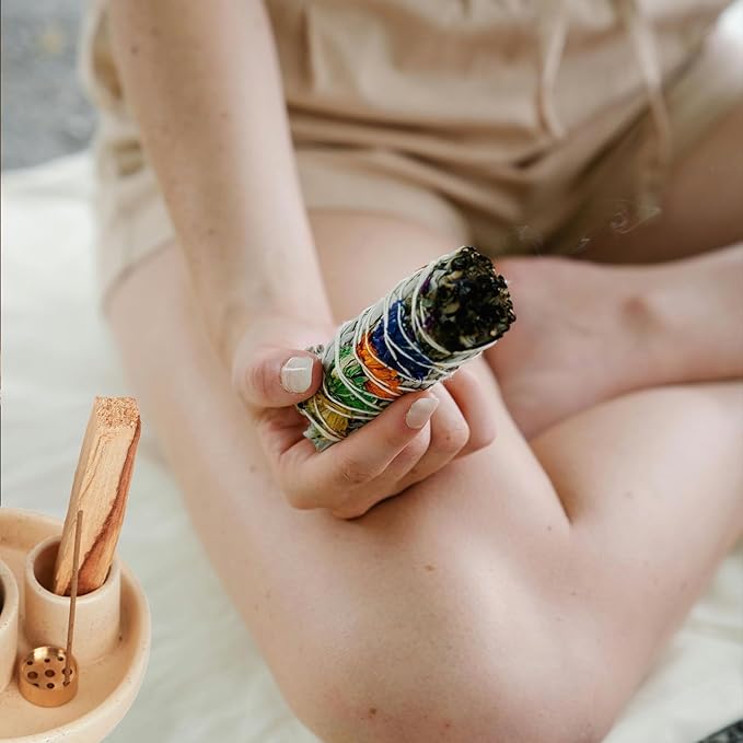 4 in 1 Incense Holder, Ceramic Incense Stick and Palo Santo Holder,Sage Holder for Burning- 5.5" Ceramic Ash Catcher Tray for Meditation and Yoga Room (Sand Gravel) - Bloomnest