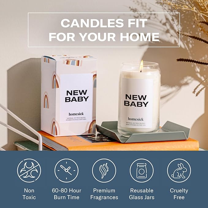 Homesick Scented Candles for Home (New Baby) - 13.75 oz Long-Lasting Natural Soy Wax Blend Jar Candle Gifts & Couples Baby Shower Favors, 60-80 Hours Burn Time - Notes of Geranium & Vanilla - Bloomnest