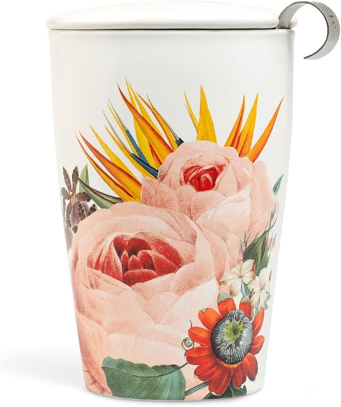 Tea Forte Double-Walled Ceramic Kati Cup, Removable Stainless Steel Infuser Basket and Lid, Steeps 12 oz Loose Leaf Tea, Dishwasher & Microwave Safe, Jubilee - Bloomnest
