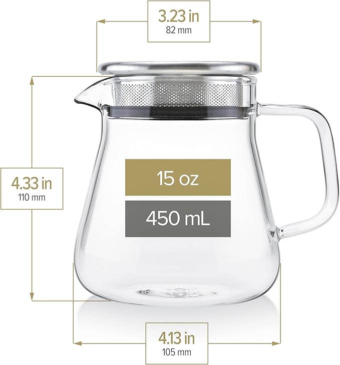 Teabloom One-Touch Tea Maker, 2-in-1 Teapot and Kettle with Stainless Steel Filter Lid for Loose Tea – Stain-free Borosilicate Glass Tea Pot (15 Oz) – Tea Connoisseur's Choice - Bloomnest