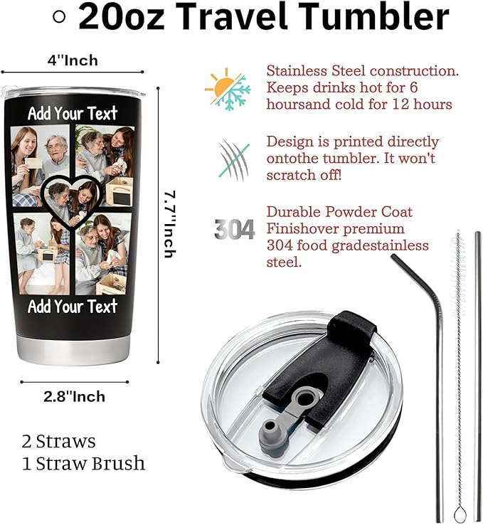 Personalized Tumbler with Pictures Text, Custom Photo Stainless Steel Coffee Tumbler, Coffee Travel Mug Cup 20 Oz Custom Gifts for Fathers Day Christmas Birthday for Dad Mom Kids - Bloomnest