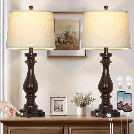 29" Tall Farmhouse Table Lamp for Living Room Set of 2,Vintage Retro Nightstand Lamps with USB C+A Ports & AC Outlet,3-Way Dimmable Touch Bedside Lamp for Bedroom Side Table,Dark Brown - Bloomnest