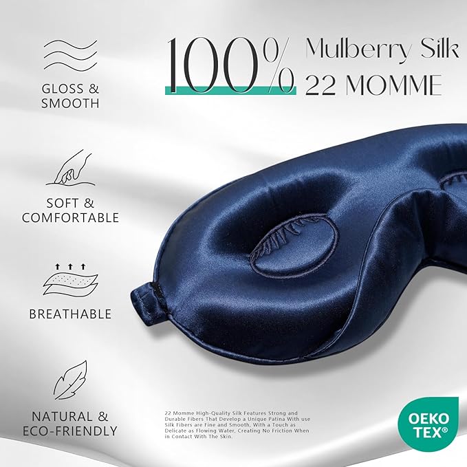 ZIMASILK Adjustable 22 Momme 100% Mulberry Silk Sleep Mask, Upgraded 3D Contoured Cup Eye Mask for Sleeping, Super Soft & Breathable Blindfold, Blackout for Deep Sleeping (Navy Blue) - Bloomnest