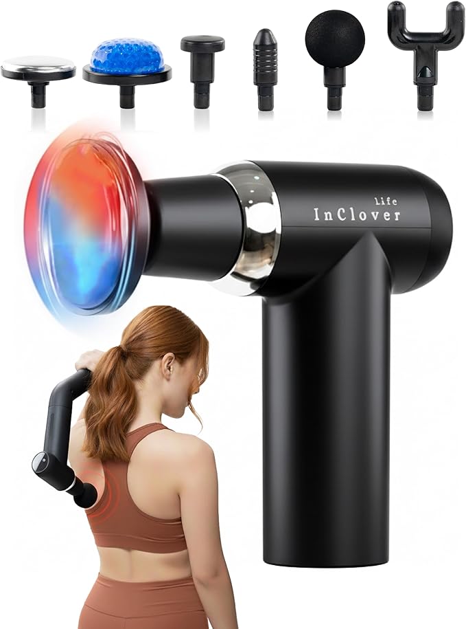 Massage Gun with Detachable Extension Handle. Deep Tissue Percussion Massager for Back, Neck, Shoulder, Leg & Arm. Portable Handheld Muscle Recovery Tool with Hot & Cold Therapy, Quiet Motor, 6 Speeds