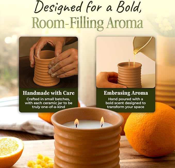 Scented Luxury Candles in Handmade Ceramic Jars, Soy Wax | Orange Blossom – Orange & Mimosa, Large Candle | Non Toxic, 2 Wicks, Reusable Big Orange Jar | Natural Spring Aromatherapy for Women & Men - Bloomnest