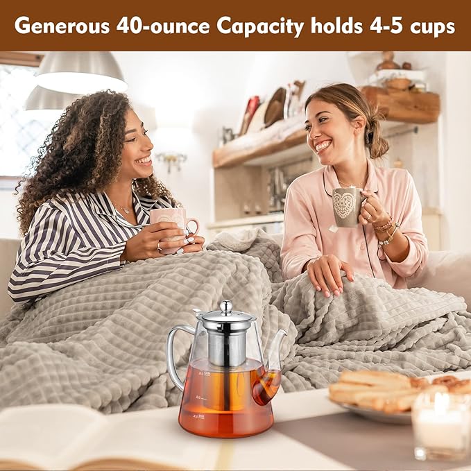 Glass Teapot, 1200ml (40oz) Tea Pot with Infuser for Loose Tea and Blooming Tea, Stovetop Safe Tea Kettle, Hand Crafted Borosilicate Glass Tea Maker with Scale Line, Tea Gift Set for Tea Lovers - Bloomnest