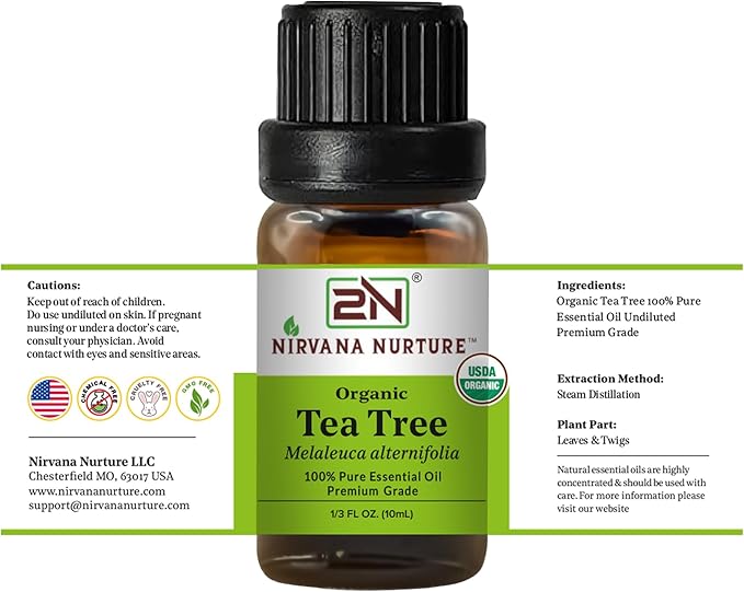 Tea Tree Essential Oil, USDA Certified Organic, 100% Pure Undiluted, Aromatherapy Oil for Diffuser, Hair & Skin Care NirvanaNurture