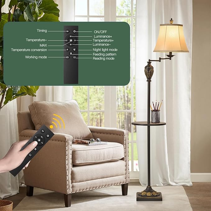 Traditional LED Floor Lamp with 350° Adjustable Swing Arm Lamp – Vintage Standing Pole lamp for Living Room, Bedroom and Office – Rustic Upright Floor Light for Home Décor with Silk Fabric Shade - Bloomnest