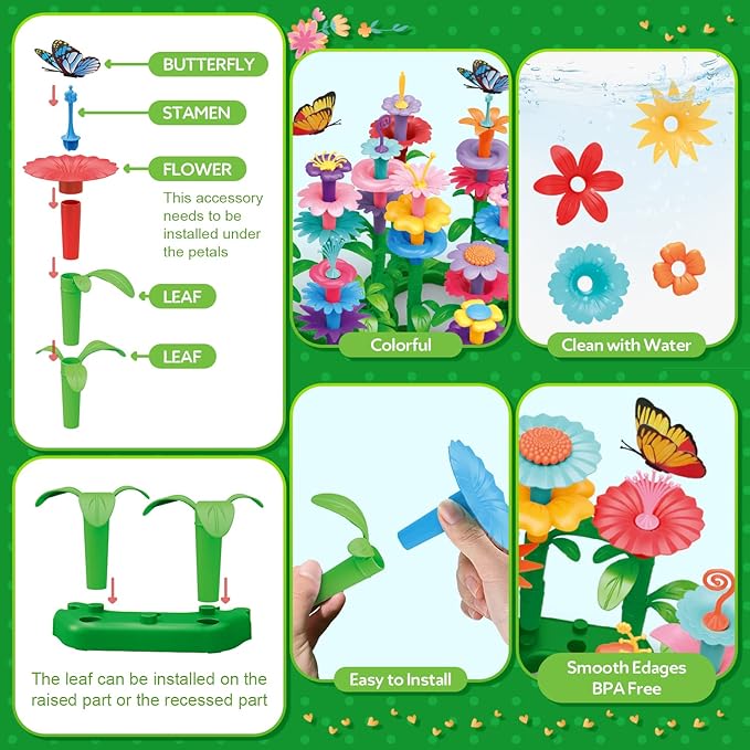 YEEBAY Flower Garden Building Toys for Girls Age 3, 4, 5, 6, 7 Year Old - STEM Gardening Toys for Kids - Stacking Game for Toddlers Play Set - Educational Activity for Preschool (148 PCS) - Bloomnest