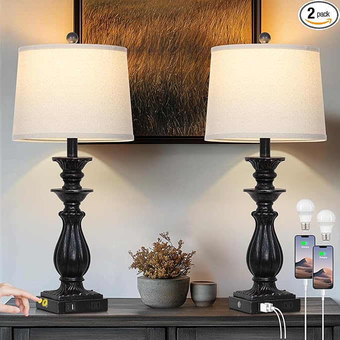 28" Farmhouse Table Lamps Set of 2 for Living Room, 3 Way Dimmable Bedside Lamp with USB C+A Ports & AC Outlet, Resin Vintage Tall Nightstand Lamps for Bedroom Office Hallway, Black - Bloomnest