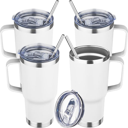 20 oz Tumbler with Handle Stainless Steel Insulated Coffee Mug Tumbler with Lid and Straw Double Wall Vacuum Insulated Coffee Mug Leak Proof Travel Mug Tumbler for Hot and Cold Drink (White,4pack)
