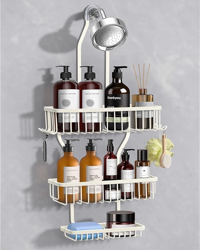 Shower Caddy Hanging - Never Rust Shower Hanging Organizer - Aluminum Over the ShowerHead Caddy with Soap Basket and 6 Hooks for Razor/Sponge (Milky White) - Bloomnest