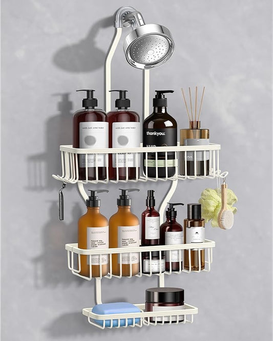 Shower Caddy Hanging - Never Rust Shower Hanging Organizer - Aluminum Over the ShowerHead Caddy with Soap Basket and 6 Hooks for Razor/Sponge (Milky White) - Bloomnest