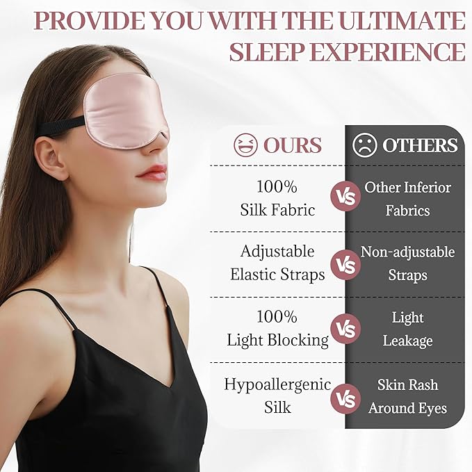 Silk Sleep Mask Eye Cover, 100% Mulberry Silk Women Men Eye Mask for Sleeping Blackout with Adjustable Straps, No Pressure Soft Blindfold Night Eye Shade, Eyemasks for Travel (Pink)