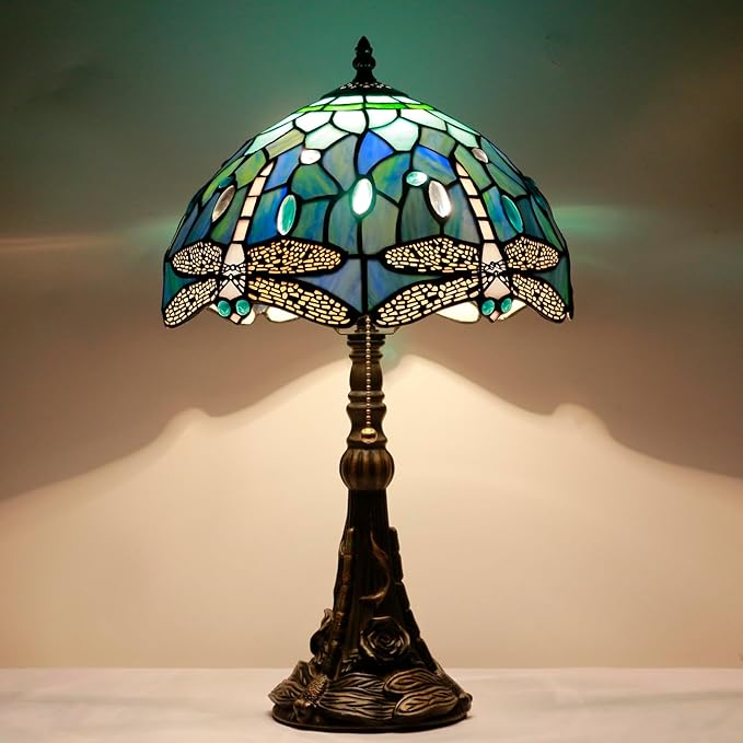 Tiffany Stained Glass Table Lamp 12X12X19 Inch Blue Dragonfly Style Desk Bedroom Living Room Reading Light (Blue Dragonfly) - Bloomnest