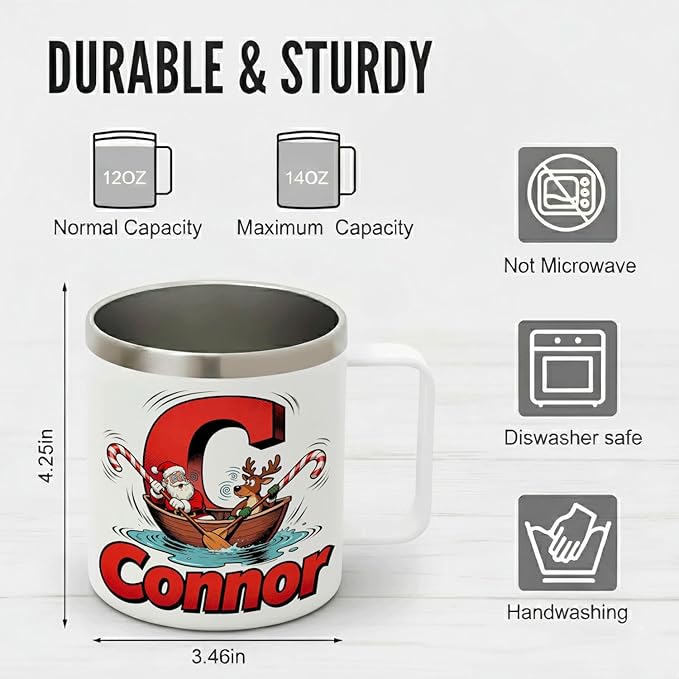 JugJug Personalized Christmas Mug with Initial & Name - Funny Rowing Santa & Reindeer 12oz Insulated Coffee Cup with Lid - Xmas Gifts for Kids, Boys (B156) - Bloomnest