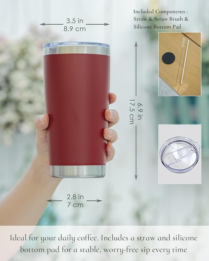 Travel Coffee Tumbler 20oz, 1 Pack Leakproof Travel Coffee Mug with Lid and Straw, Stainless Steel Double Wall Vacuum Insulated Tumbler for Hot/Iced Drinks (Textured Matte, Red) - Bloomnest