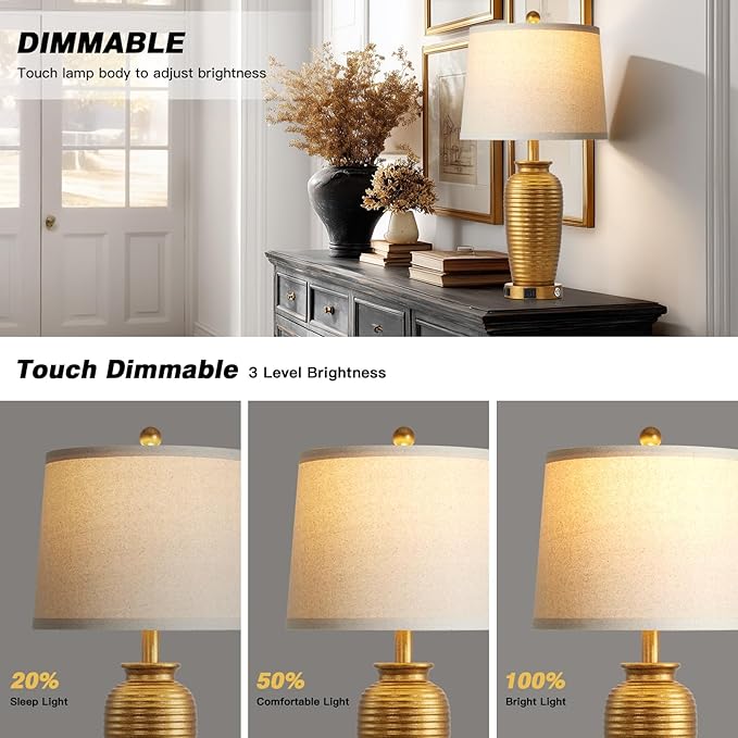 25" Retro Gold Farmhouse Jar Table Lamps Set of 2, 3 Way Touch Control Rustic Bedside Lamps with USB A+C Ports & AC Outlet, Pot Nightstand Lamps for Bedroom Living Room (LED Bulbs Included) - Bloomnest