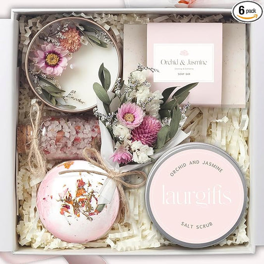Birthday Gifts for Women – Luxury Candle Set & Bath Sets Spa Basket, Small Orchid & Jasmine Self Care Box, Valentine’s Basket for Her, Romantic Birthday Box for Mom, Wife or Friend - Bloomnest