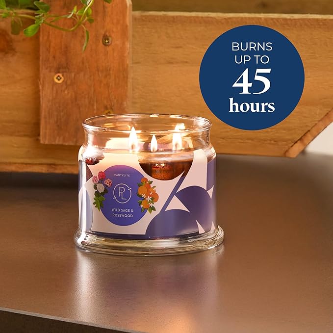 PartyLite Wild Sage & Rosewood Scented, Notes of Sage Leaf, Rosewood, Geranium Petals and Lemongrass, 13.2oz 3-Wick Jar Candle, 45 Hour Burn Time, Luxurious Fragrance, Ideal for Gifting - Bloomnest