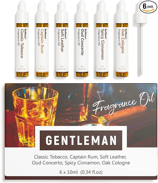 Benatu Gentleman Premium Fragrance Oils Set for Diffuser, Candle, Soap Making - Men Scents Aromatherapy Perfume Oil Gift for Home (Tobacco, Rum, Leather, Ebony, Spice Cinnamon, Oak Cologne) 6 Pcs - Bloomnest