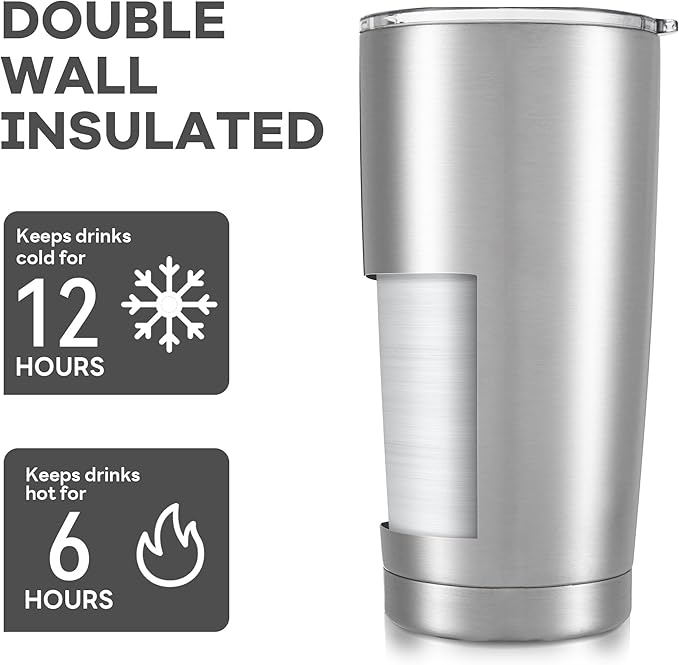 20 oz Tumbler with Lid Stainless Steel Insulated Tumblers Bulk Double Wall Vacuum Cups Powder Coated Travel Mug Keep Drinks Cold and Hot, Stainless Steel, 12 Pack - Bloomnest