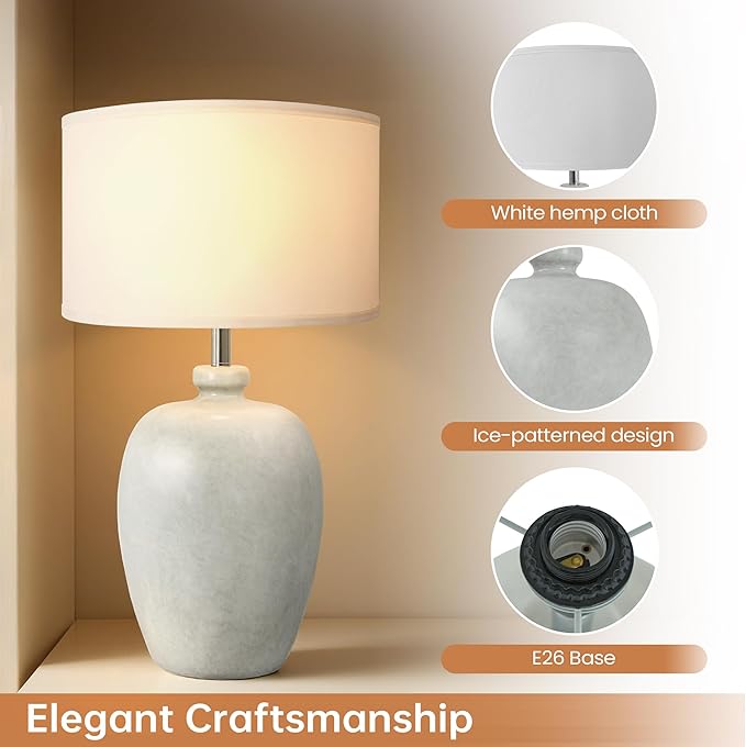WJShome 27" Farmhouse Ceramic Table Lamp with Unique Ice Pattern Effect and White Linen Shade - Perfect for Bedroom, Living Room, Dining, and Office! (Bulb Not Included) - Bloomnest