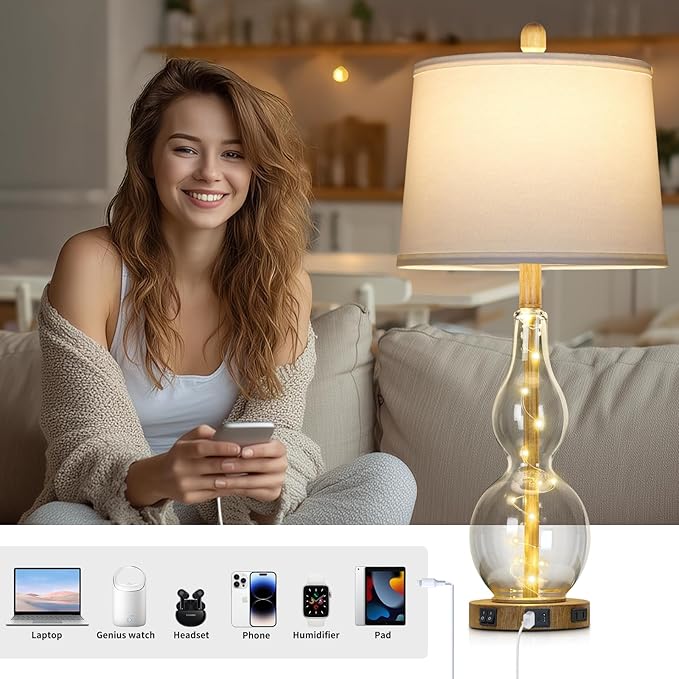 27.5" Clear Glass Table Lamp Set of 2 with Night Light,Bedside Lamps with USB Ports and AC Outlet, Modern Nightstand Lamps Retro Farmhouse lamp for Bedroom Living Room - Bloomnest