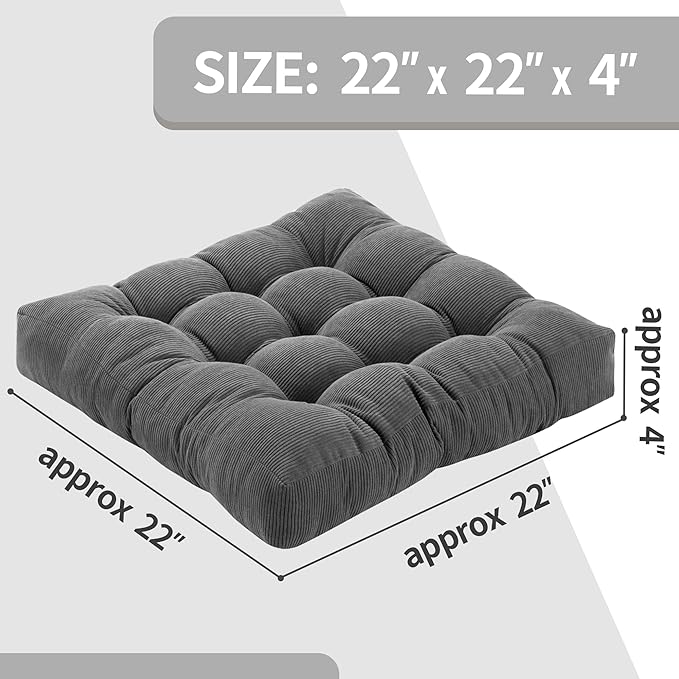 Floor Pillow Cushions for Adults Sitting Large Big Pillows for Floor Seating Square Memory Foam Thick Tufted, 22 x 22 Inch, Set of 2, Dark Grey - Bloomnest